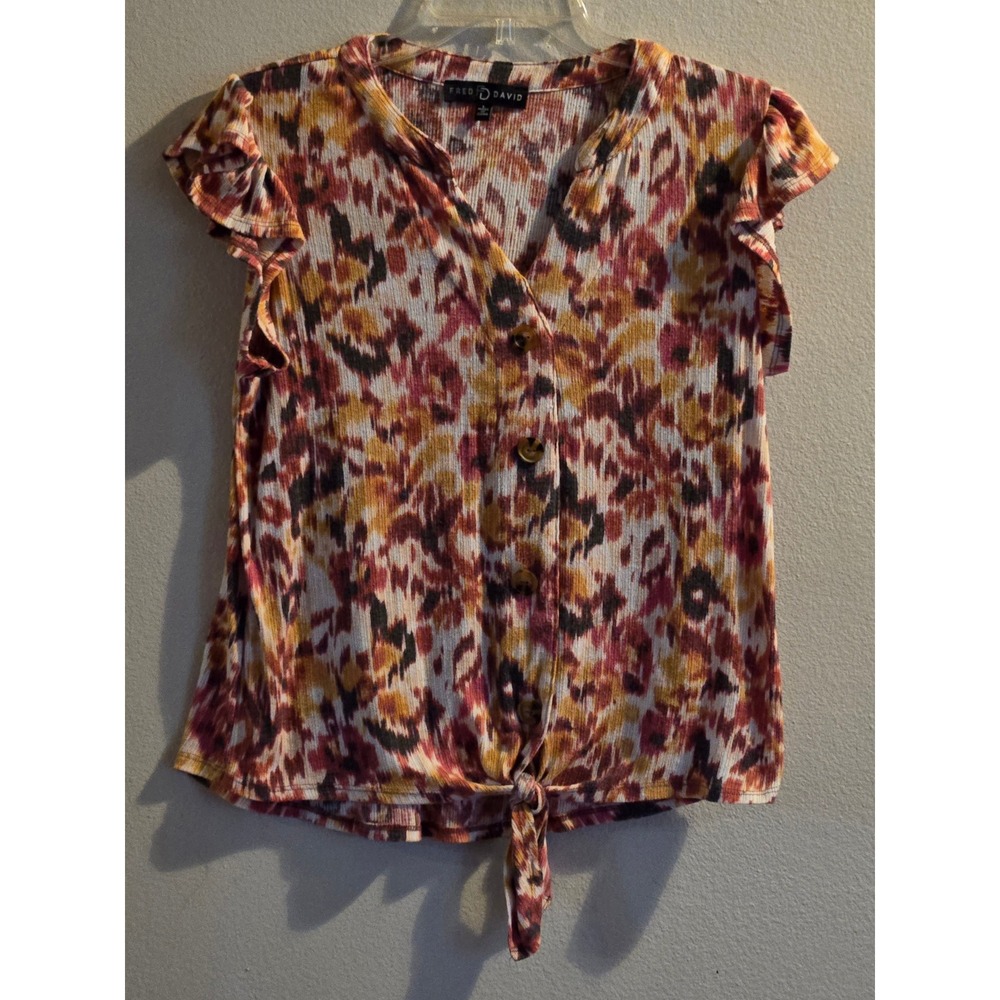 Fred David Top Women Large Abstract Ikat Ribbed Tie Front Flutter Earth Tones